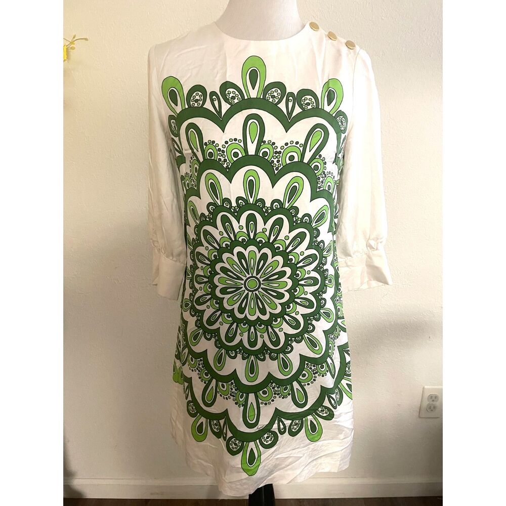 Vintage 90s MILLY Silk Dress Womens Size 6 Green White Mandala Graphic Lined Mod - Picture 1 of 8